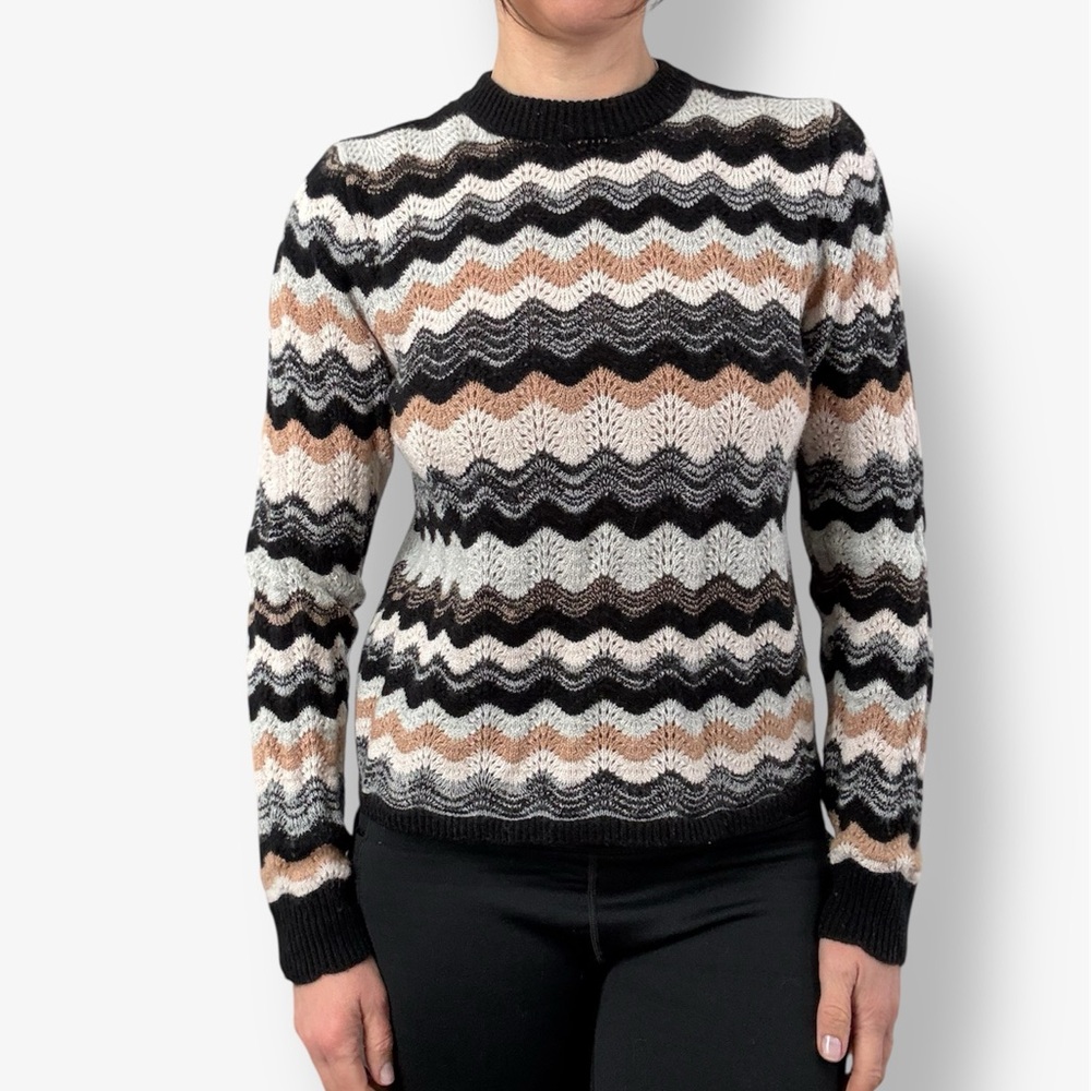 &Isla Cerys Black & Almond Wave Stripe Pointelle Sweater Cashmere Wool